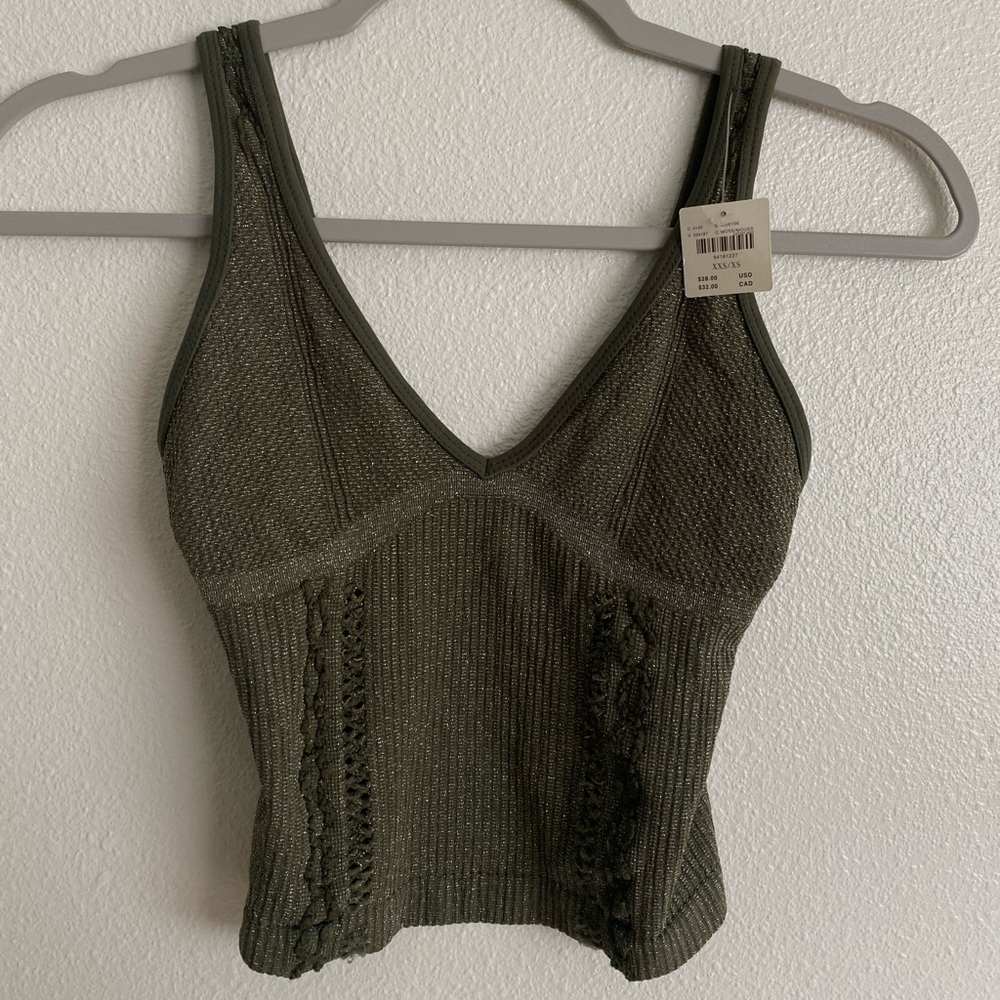 NWT Anthropologie Knit Stretchy Seamless Cropped Tank Top, Green/Moss w/ Silver